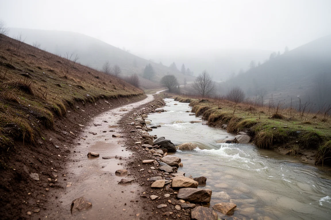 Sentier rocheux mouillé à côté d'un torrent gonflé en hiver