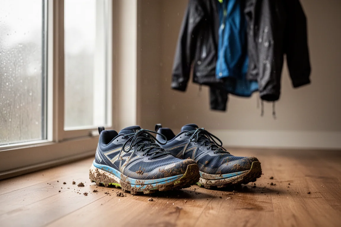 Chaussures de running imperméables séchant près d'une fenêtre après une sortie sous la pluie