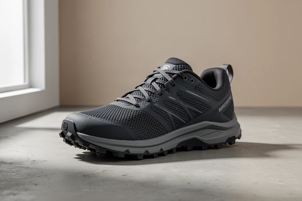 Waterproof trail running shoe at three-quarter angle on concrete surface