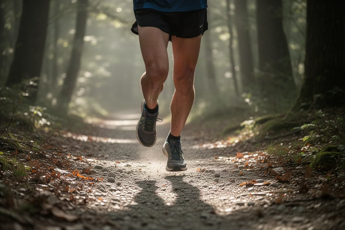Trail runner che corre lungo un sentiero nel bosco con luce filtrata tra gli alberi