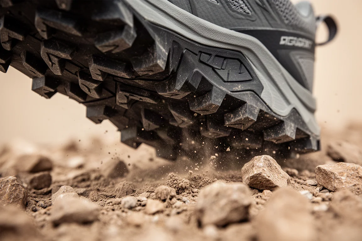 Primo piano di una suola in gomma Vibram con tasselli da quattro millimetri su terreno roccioso