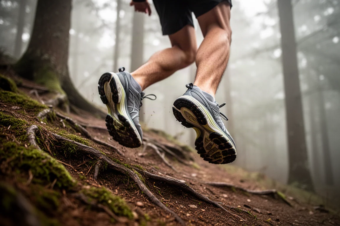 Piedi di corridori che salgono su una salita nel bosco con scarpe da trail ammortizzate