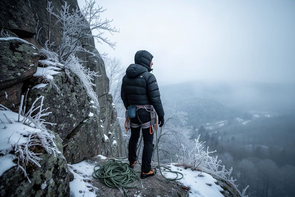 Escalador con una voluminosa chaqueta de reunión de pie al pie de una pared invernal cubierta de nieve