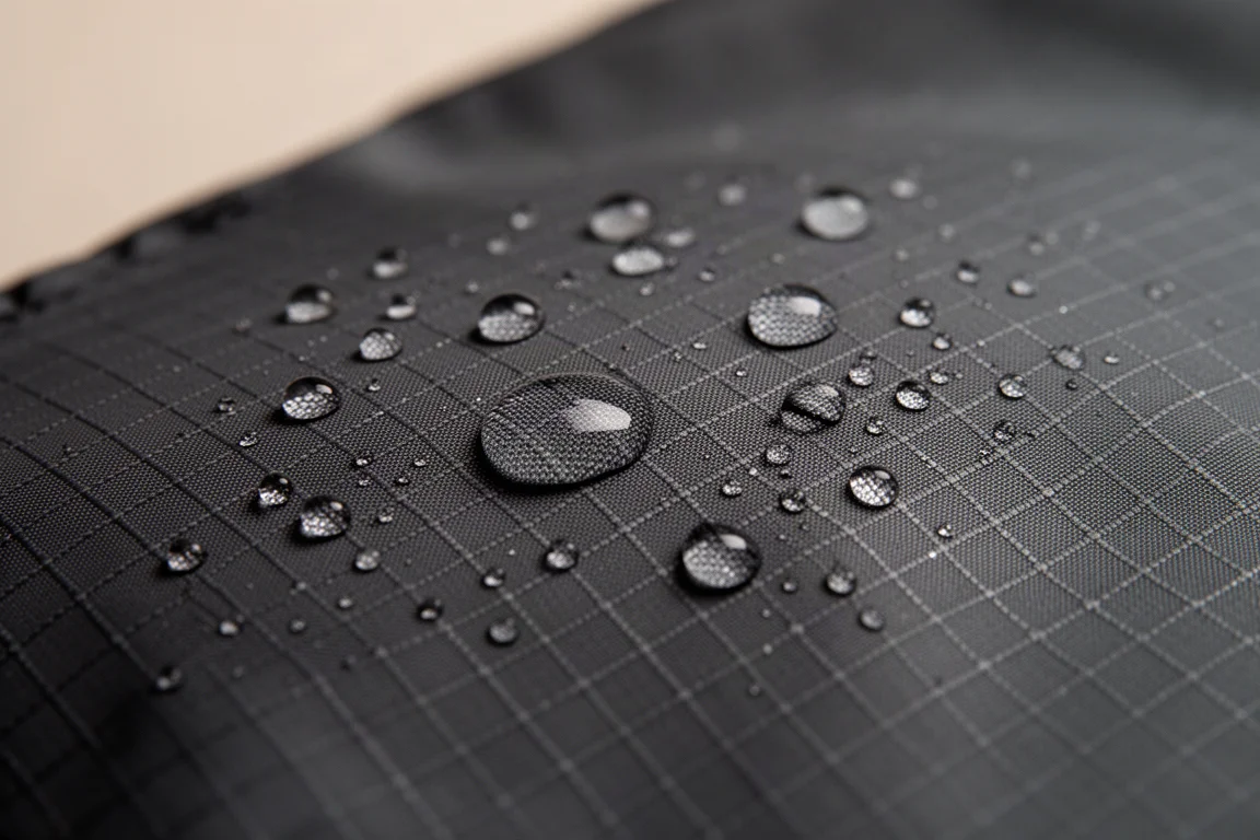Detalle macro de gotas de agua en la superficie del tejido ripstop de una chaqueta aislante