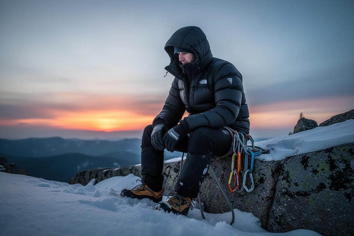 Escalador descansando en una repisa nevada al atardecer con una gruesa chaqueta aislante de reunión