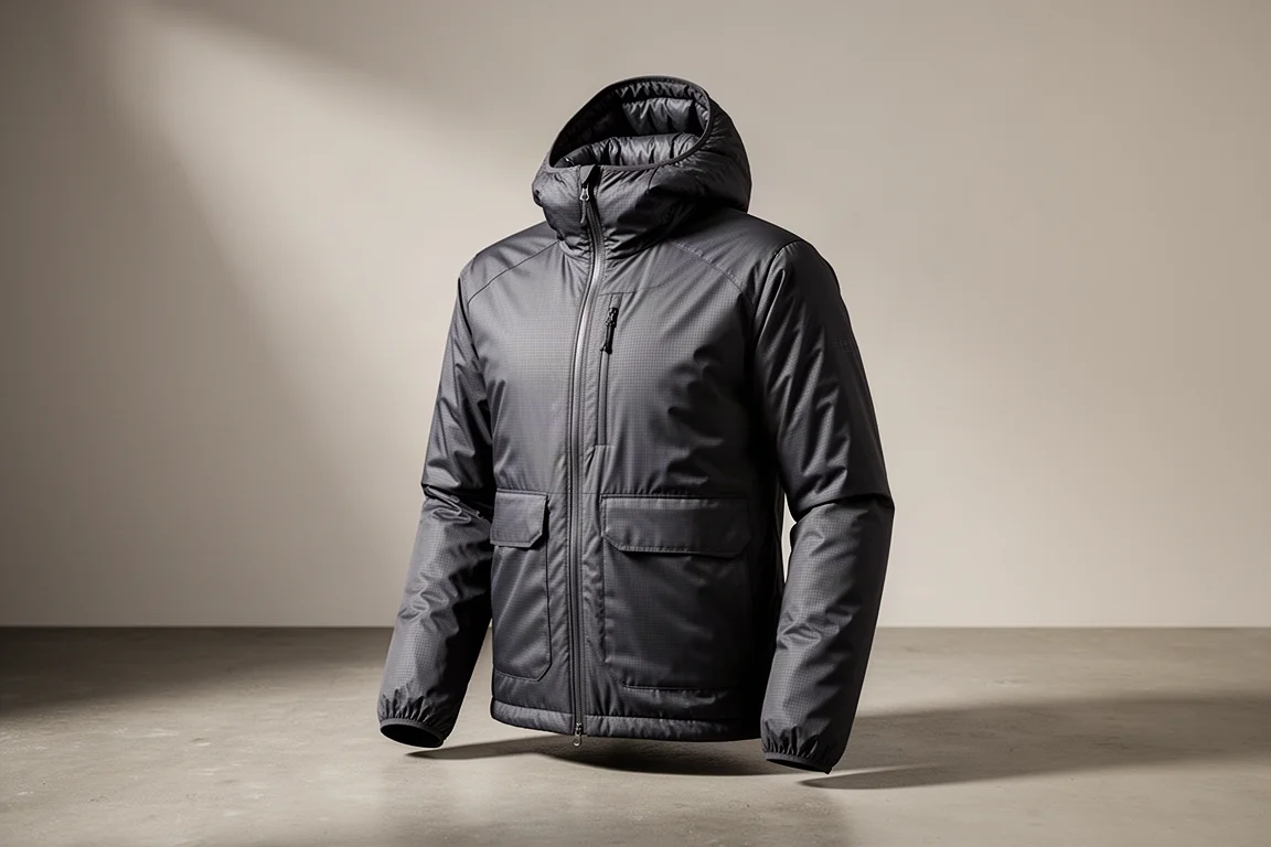 Dark charcoal synthetic insulated belay jacket photographed on a concrete surface
