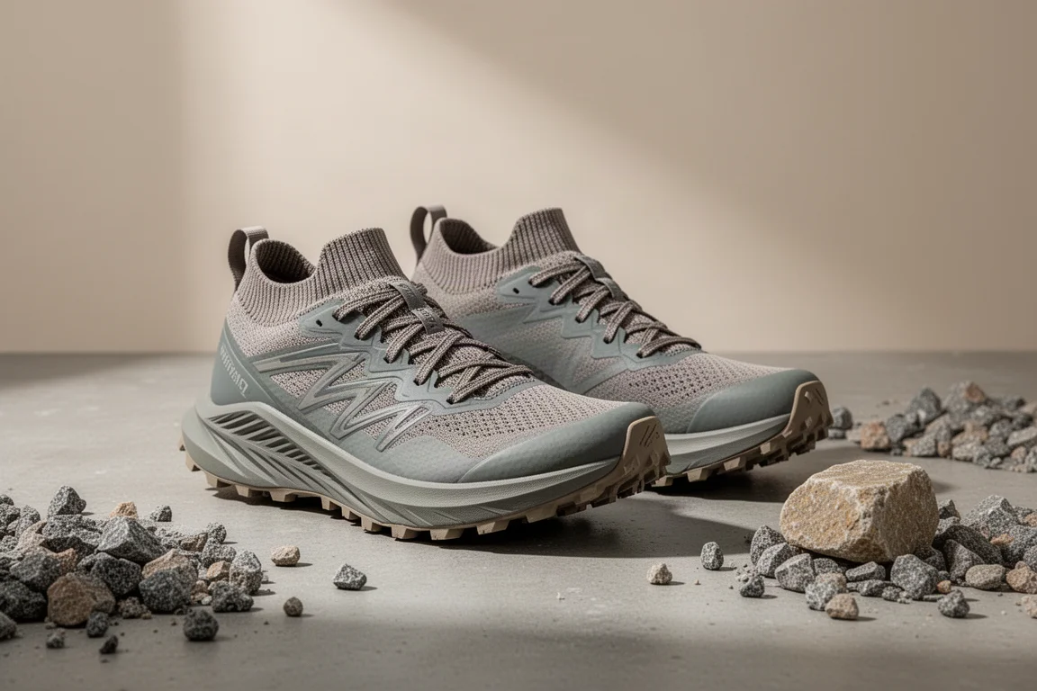 Pair of lightweight trail running shoes with knit collars on concrete surface