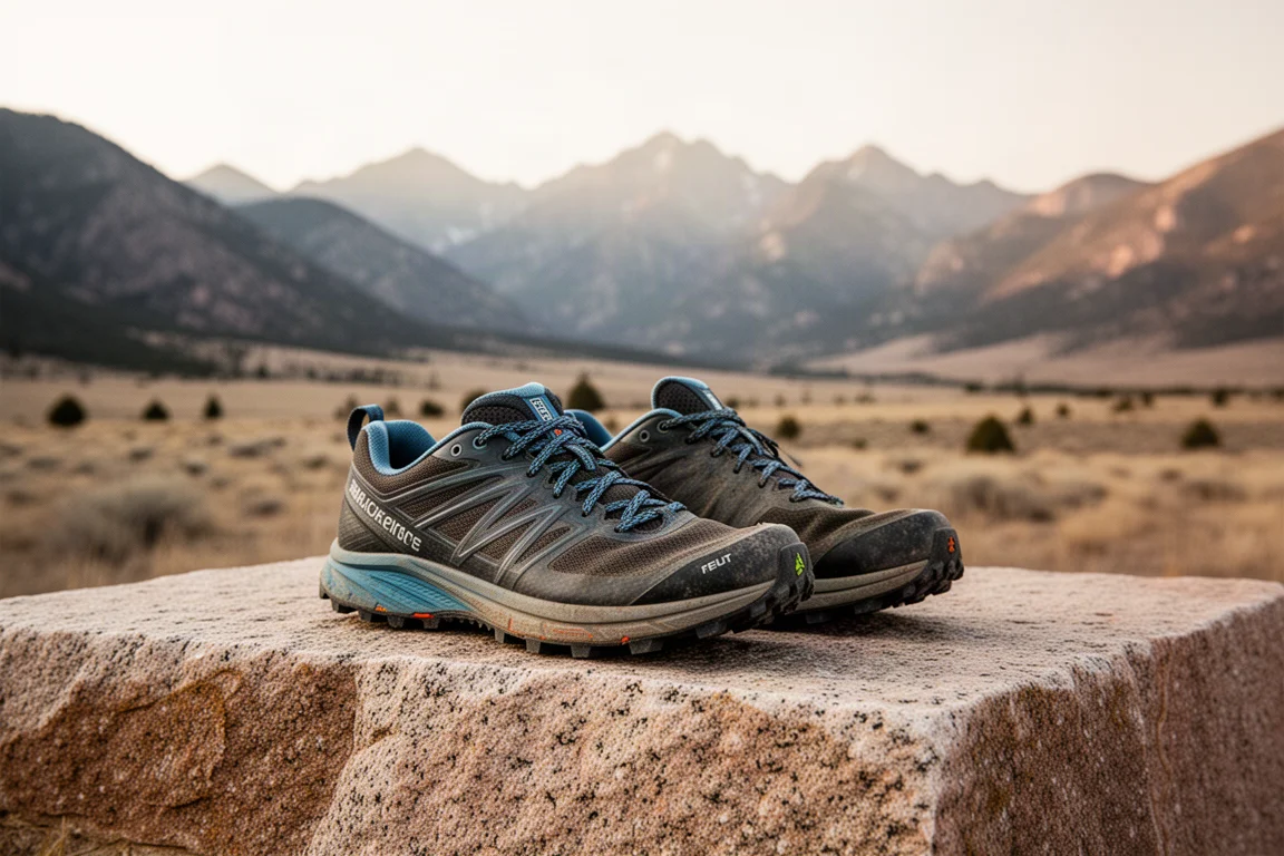 Zapatillas de trail apoyadas en una repisa rocosa con paisaje de montaña al fondo