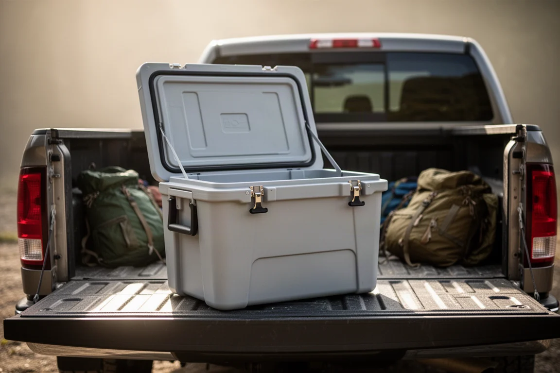 Cooler rigido aperto sul piano di caricamento di un pickup