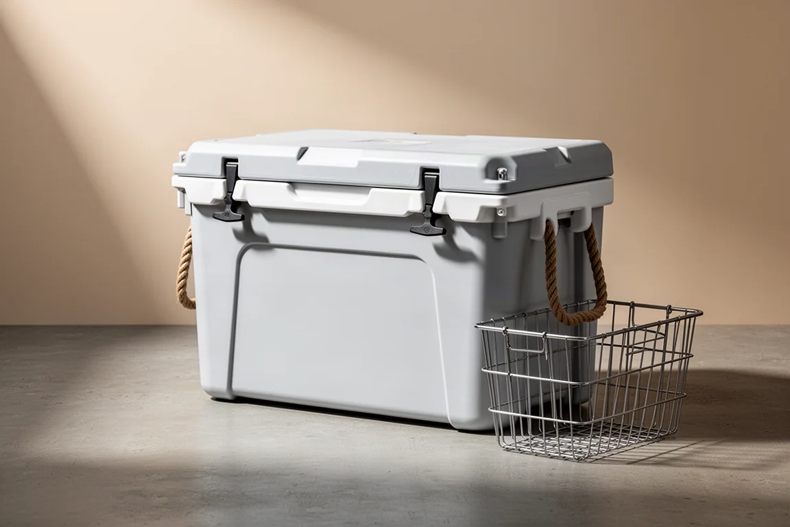 Light grey 52 quart cooler with latches, rope handles, and a wire basket on concrete