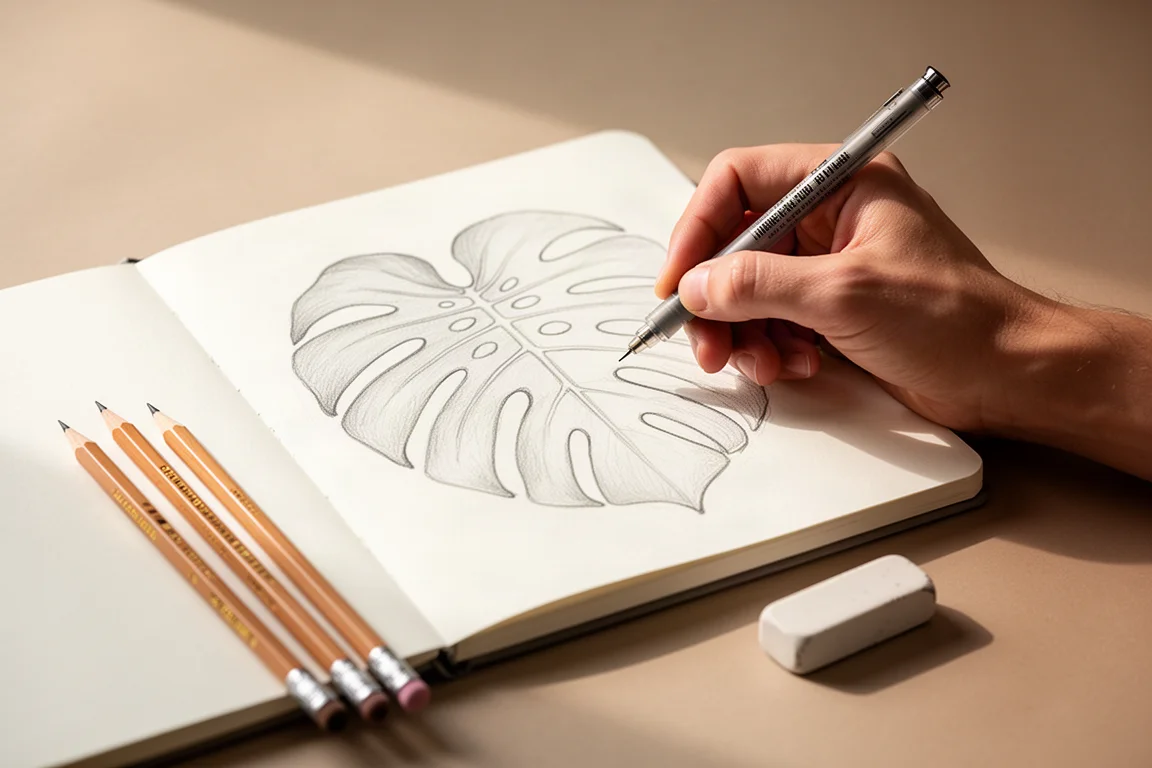 Artist's hand sketching a monstera leaf outline in a hardcover sketchbook
