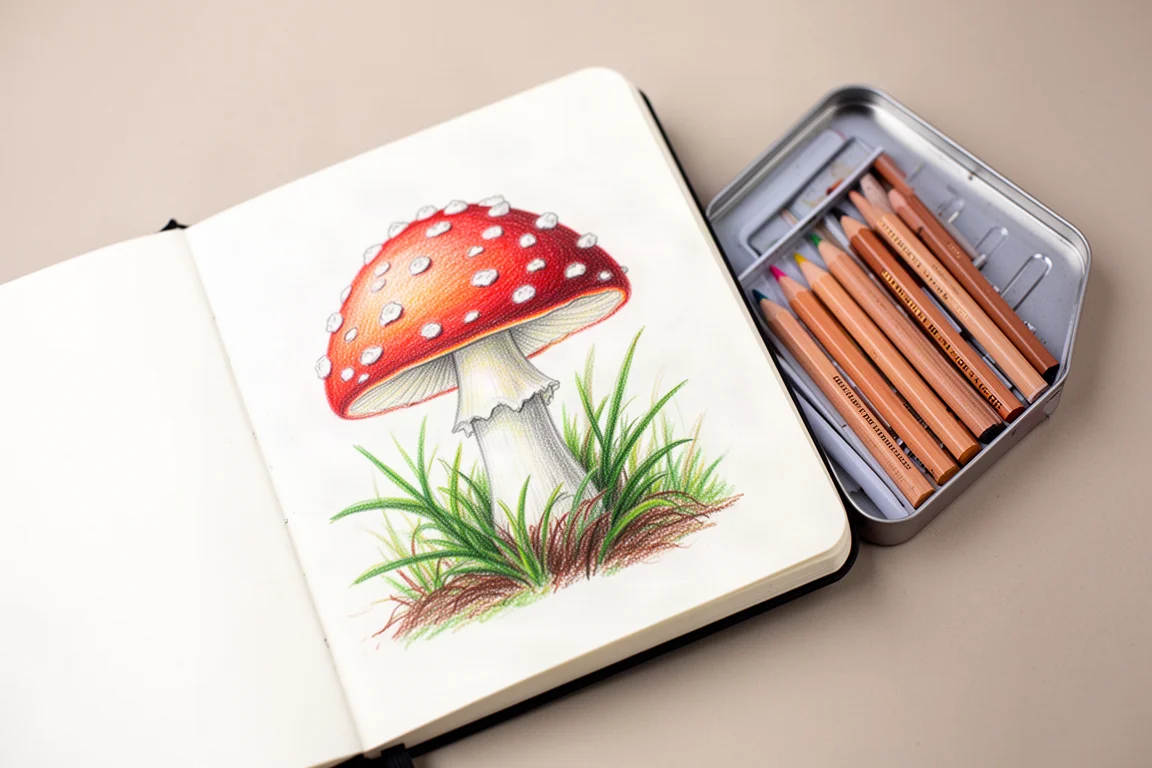 Colored pencil artwork of a toadstool mushroom on smooth white paper