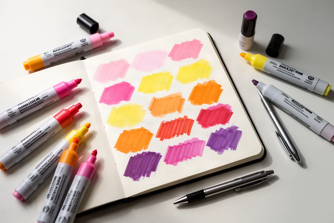 Acrylic markers and swatches of color on a sketchbook page