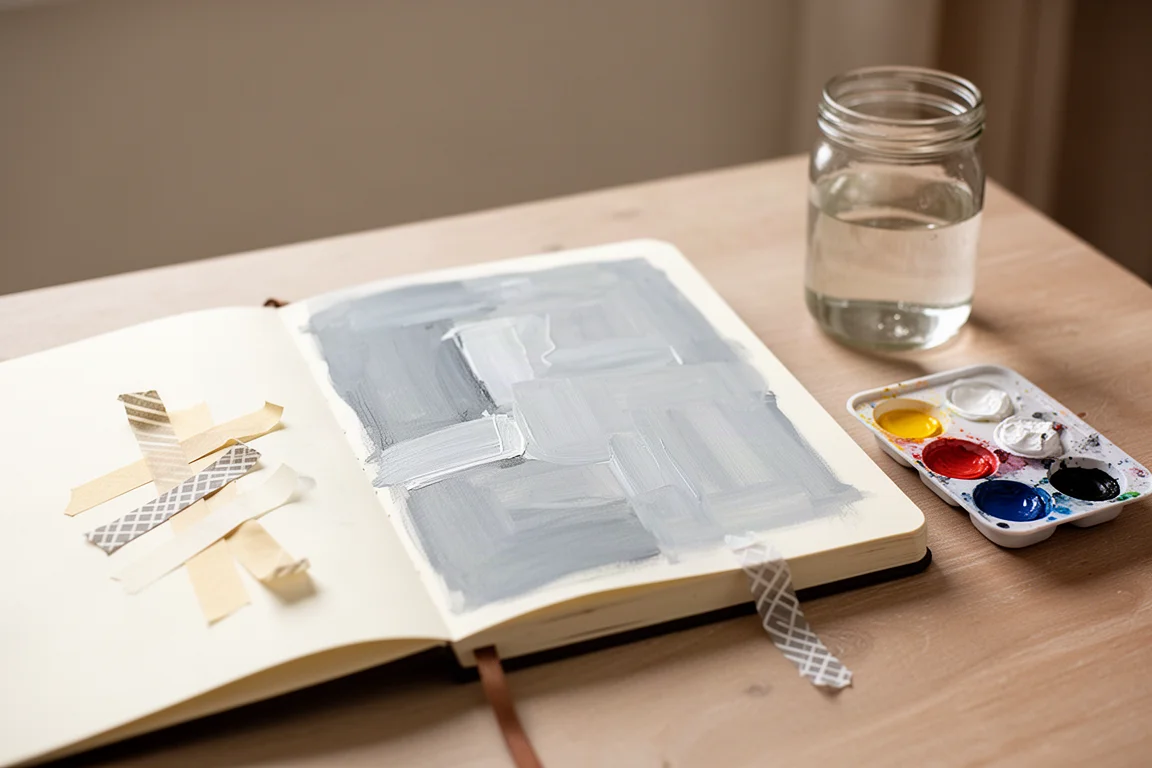 Simple abstract acrylic painting with washi tape edges on a sketchbook page
