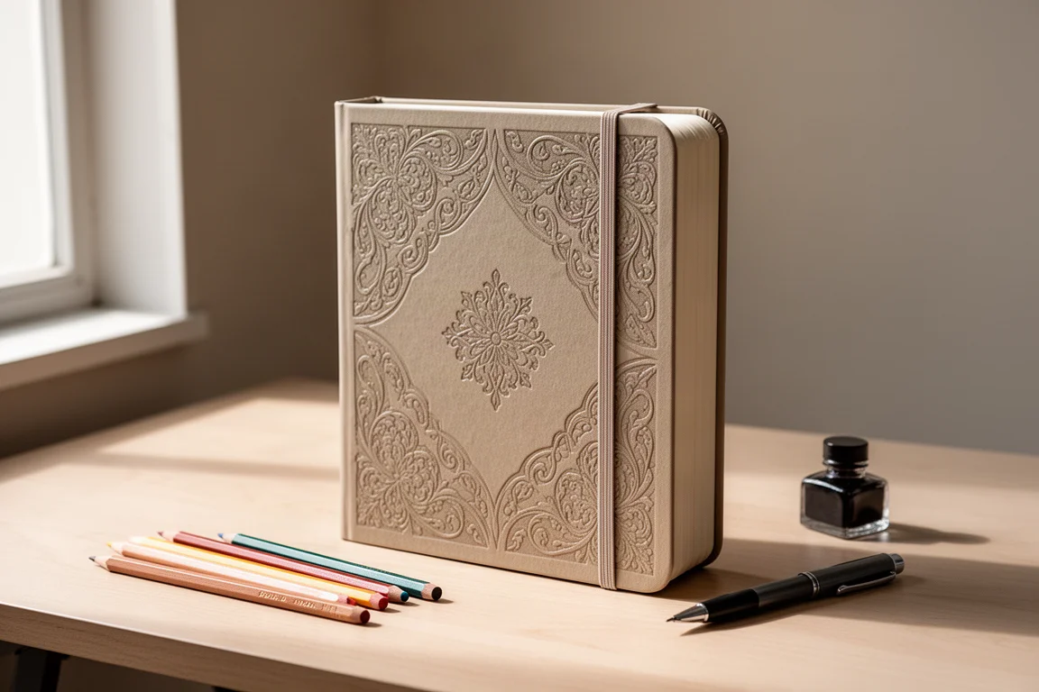 Arctica 8x8 hardcover sketchbook on a wooden desk with pencils nearby
