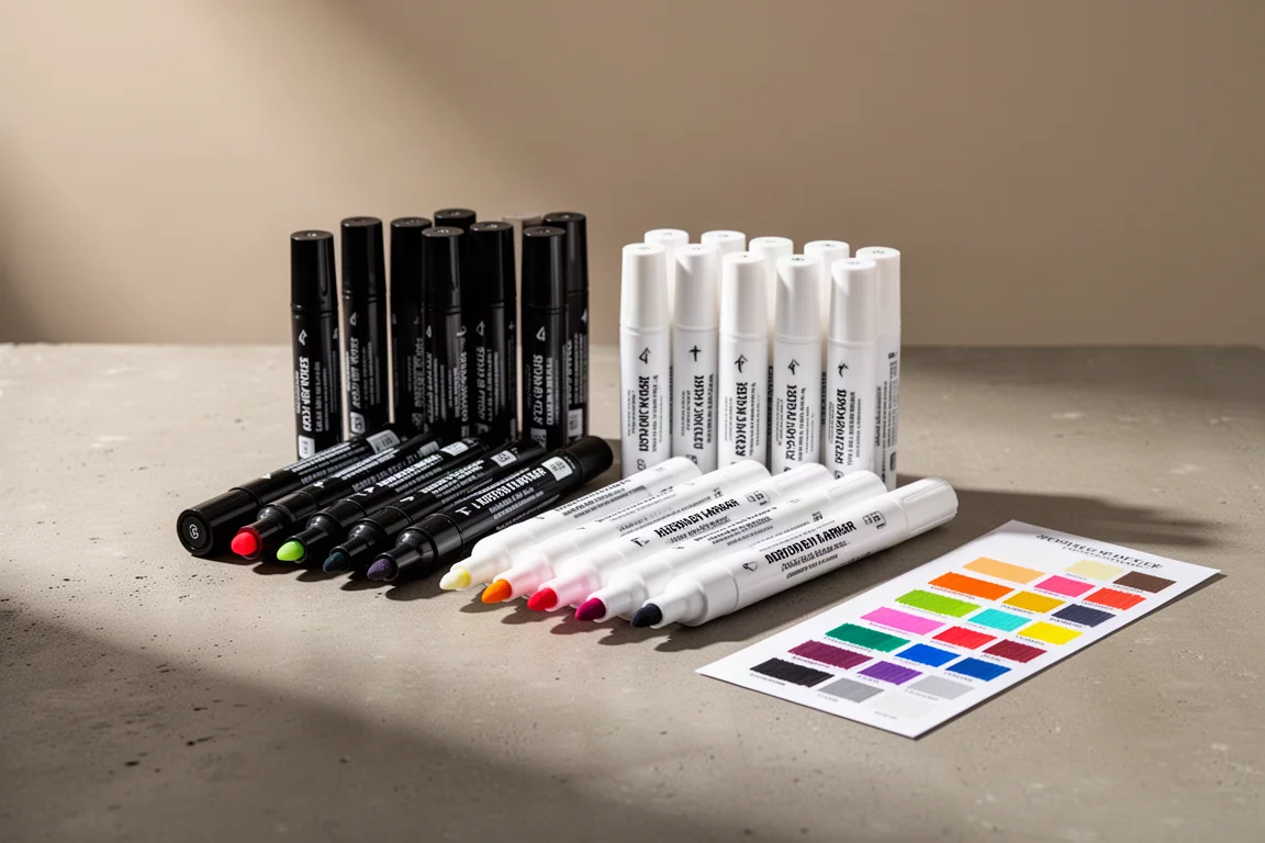 Two sets of double-ended acrylic paint markers in black and white barrels beside a swatch card on a concrete surface