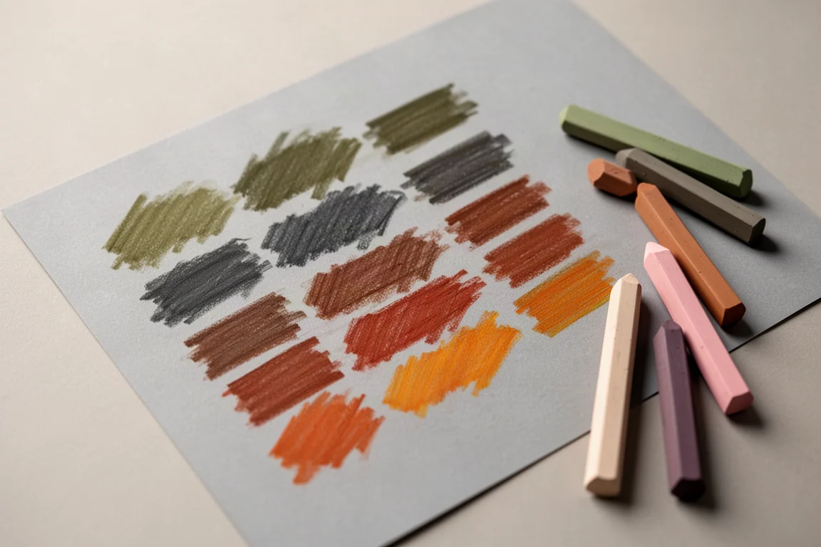 Cartella di campionatura disegnata a mano dei colori dei pastelli morbidi su carta pastello grigia
