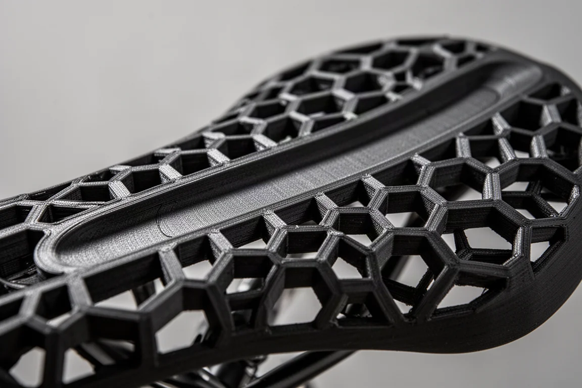 Makroansicht einer 3D-gedruckten Satteloberfläche mit offenem hexagonalem Gitter