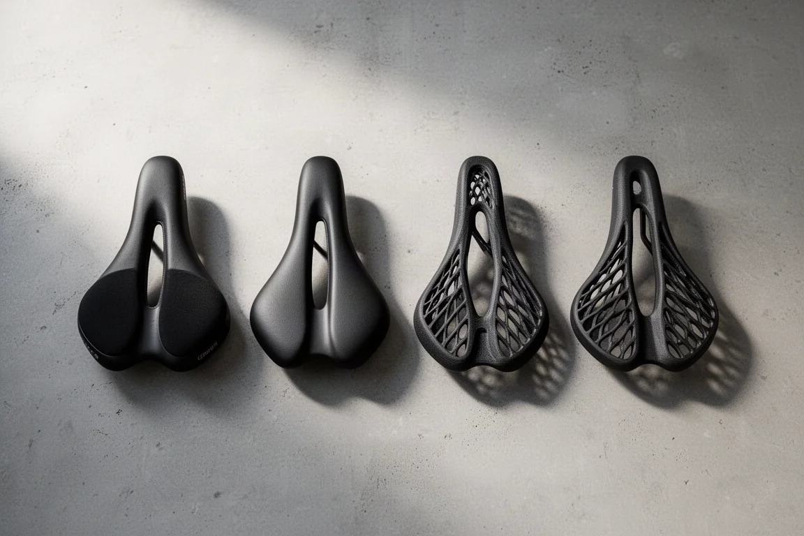 Four bicycle saddles arranged in a row on a matte concrete surface
