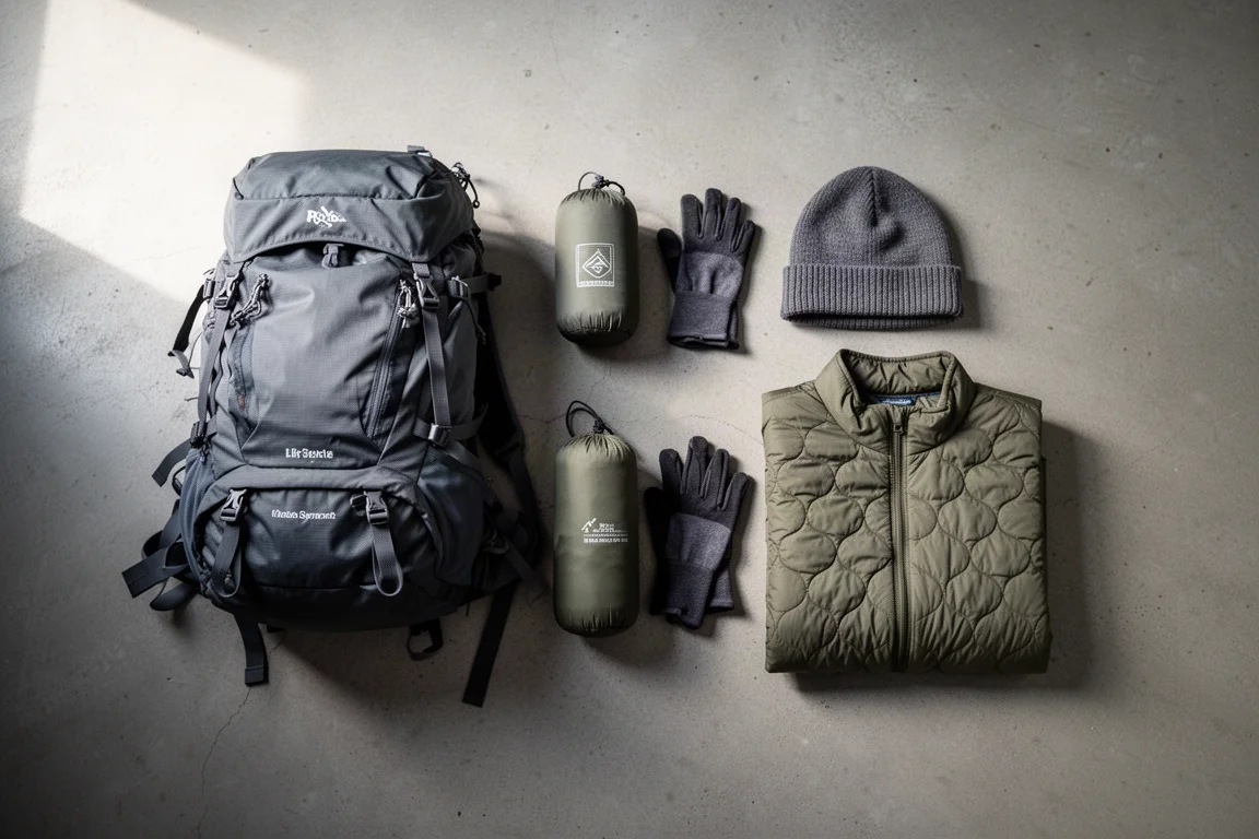 Flat-lay of a hiking backpack, gloves, beanie, and a folded lightweight jacket