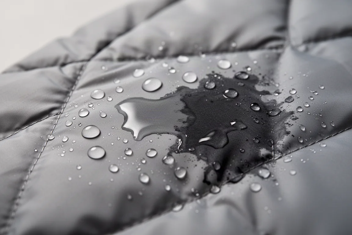 Water droplets beading on thin quilted nylon fabric with a wet patch