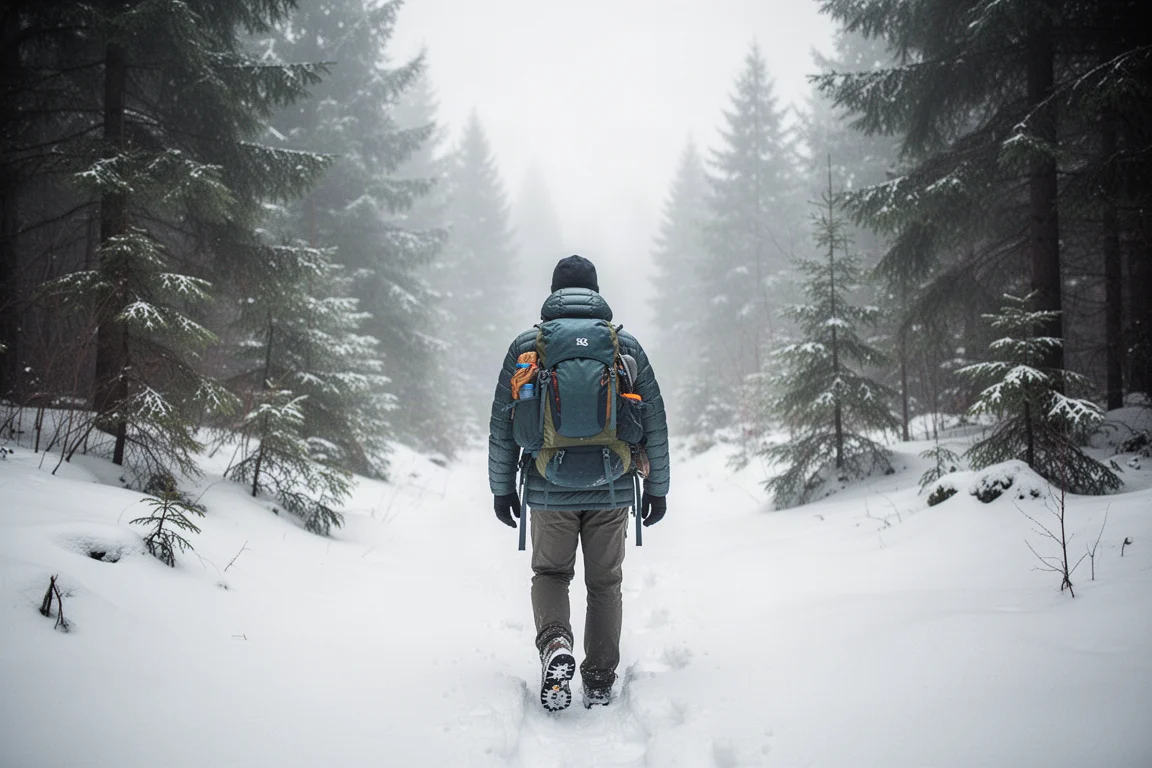 Hiker seen from behind on a snowy forest trail wearing a puffy jacket