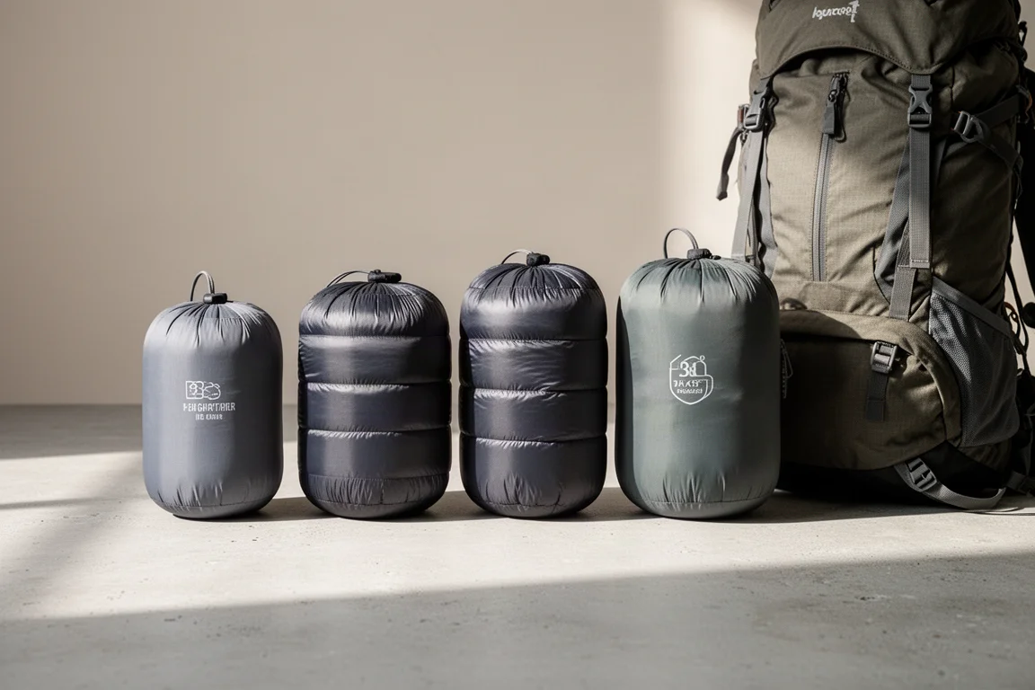Three down jackets packed into stuff sacks beside a hiking backpack