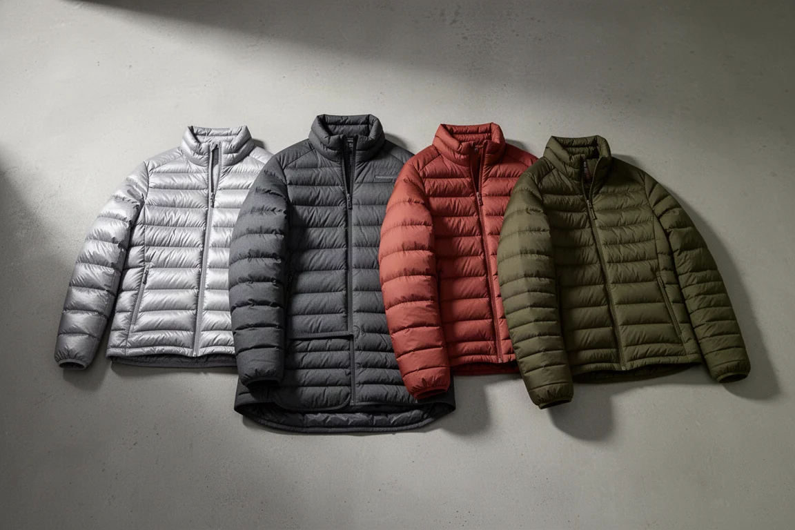 Four lightweight down jackets arranged on a concrete surface in soft studio light