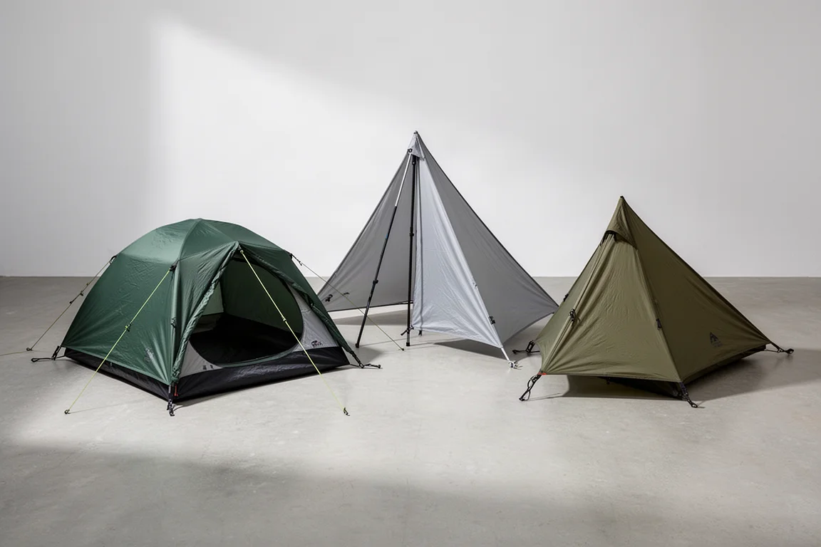 Three one-person backpacking tents pitched side by side on granite at first light
