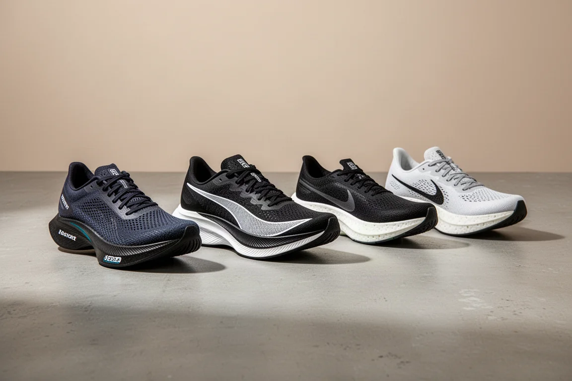 Five racing running shoes arranged in a row on a concrete surface