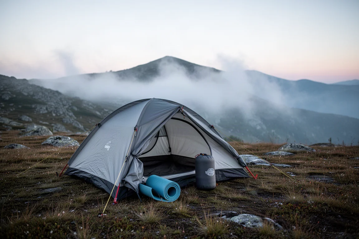 Backcountry-Campingplatz im ersten Licht mit niedrigem Zelt, gerollter Matte und Packbeutel auf Alpengras