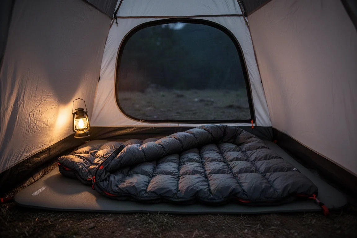 Schlafsack, der sich in einem von einer kleinen warmen Laterne beleuchteten Zelt zu einem Quilt öffnet