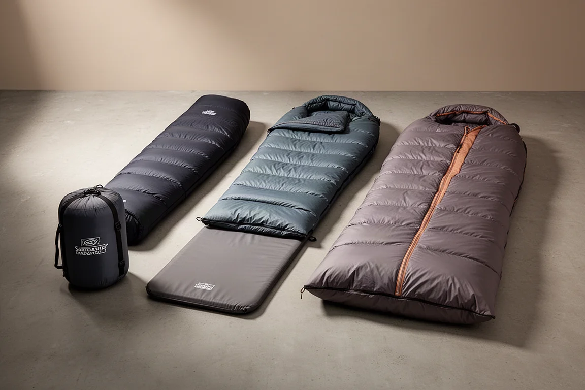 Three premium down sleeping bags arranged in a row on a matte concrete surface