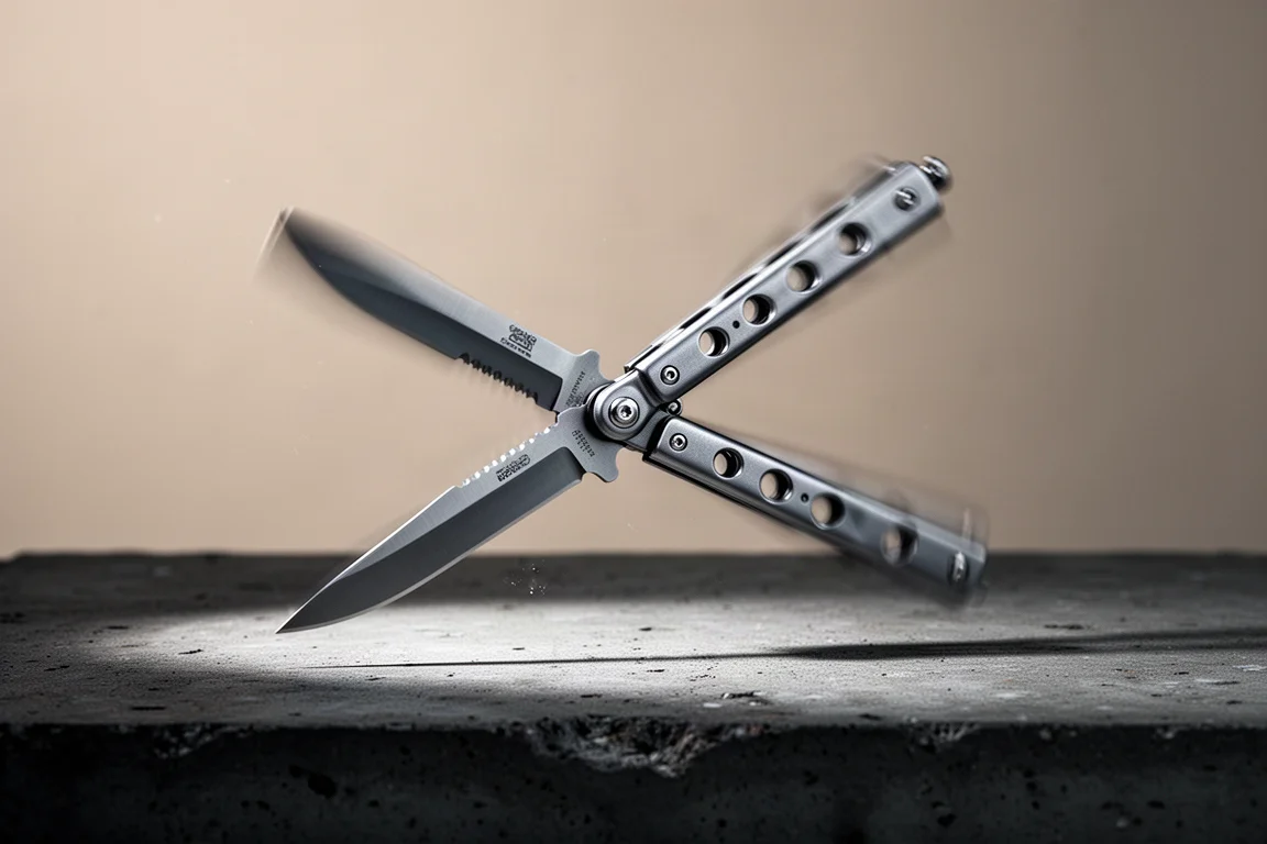 Nóż użytkowy w stylu balisong w trakcie obracania z otwieranymi rękojeściami