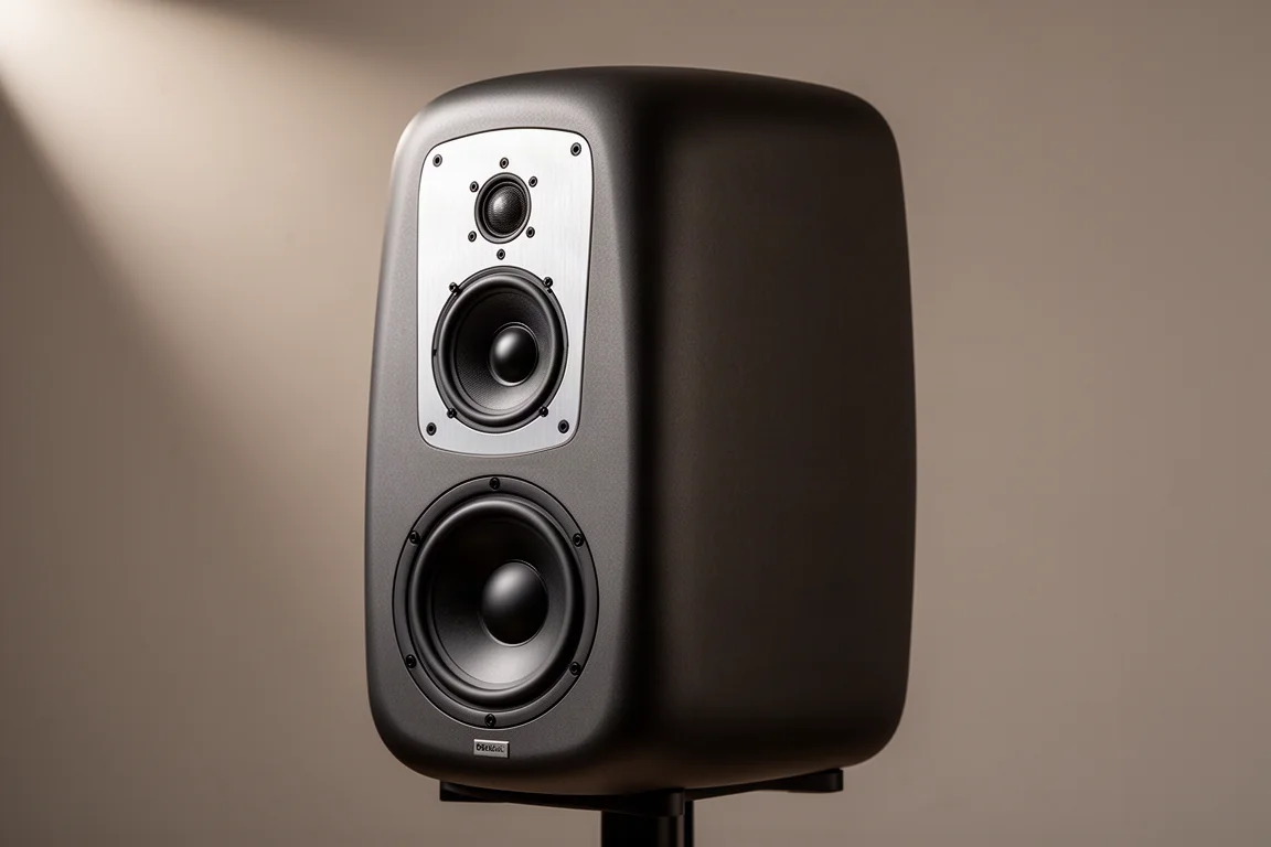Large dark standmount speaker with curved baffle and aluminium driver fascia on a grey backdrop
