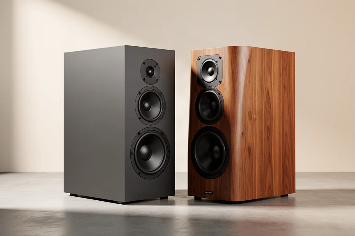 Two premium standmount speakers side by side on a concrete surface, one charcoal and one wood veneer