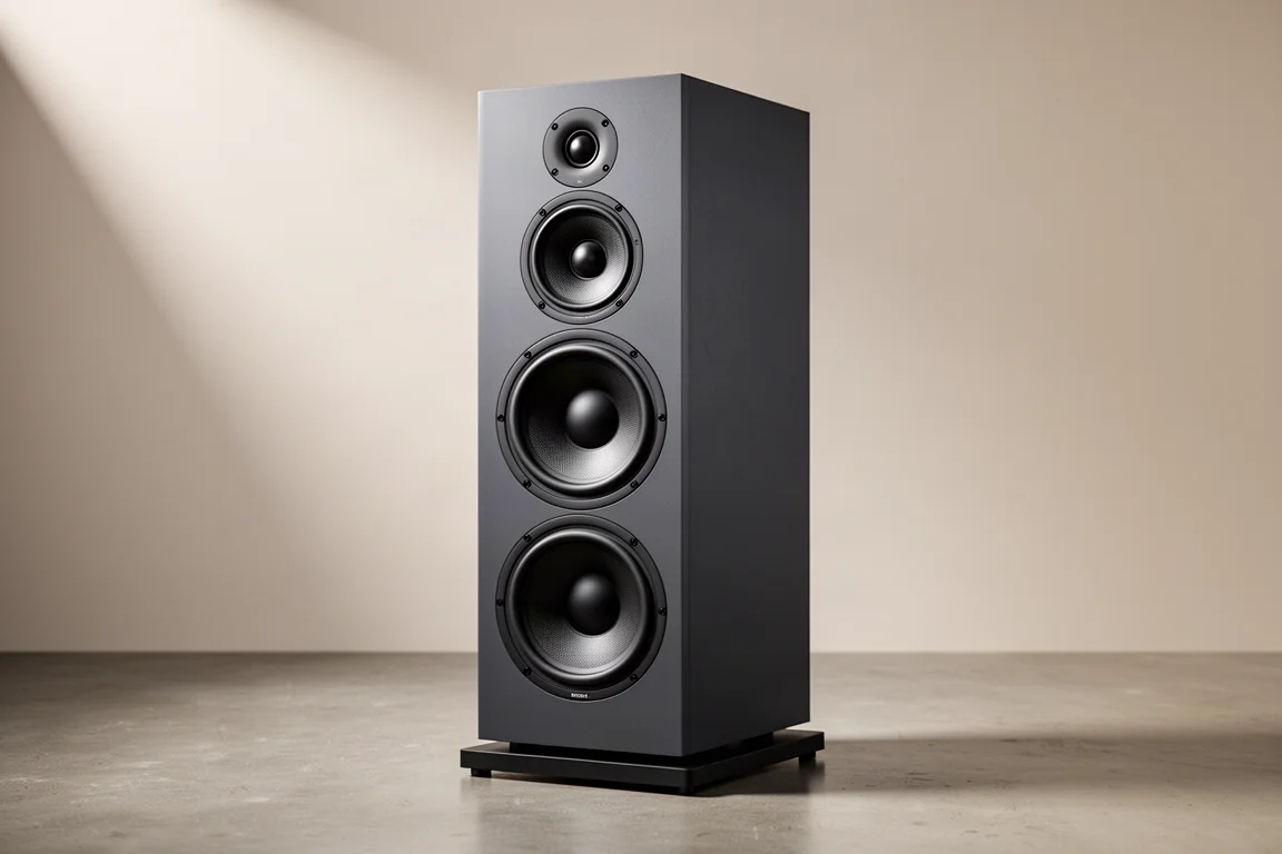 Tall three-way standmount speaker with a matte dark cabinet on a low stand in a studio setting
