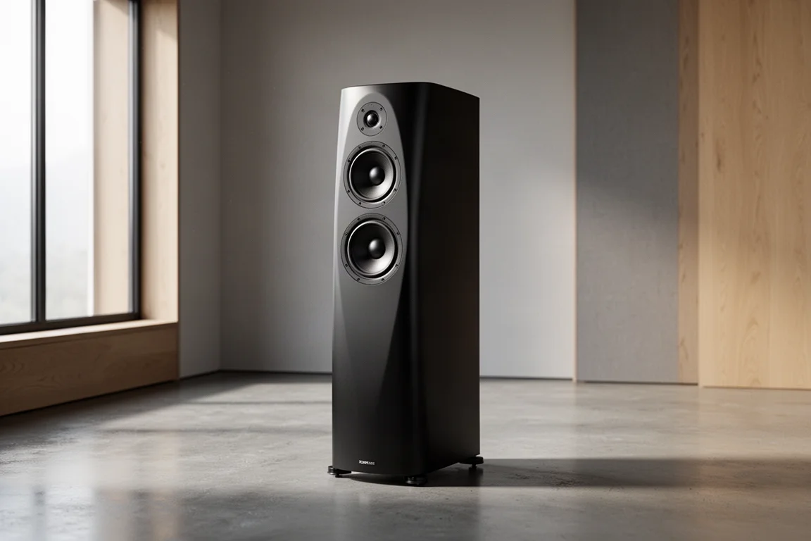 Tall matte-black floorstanding tower speaker standing in a minimal listening room