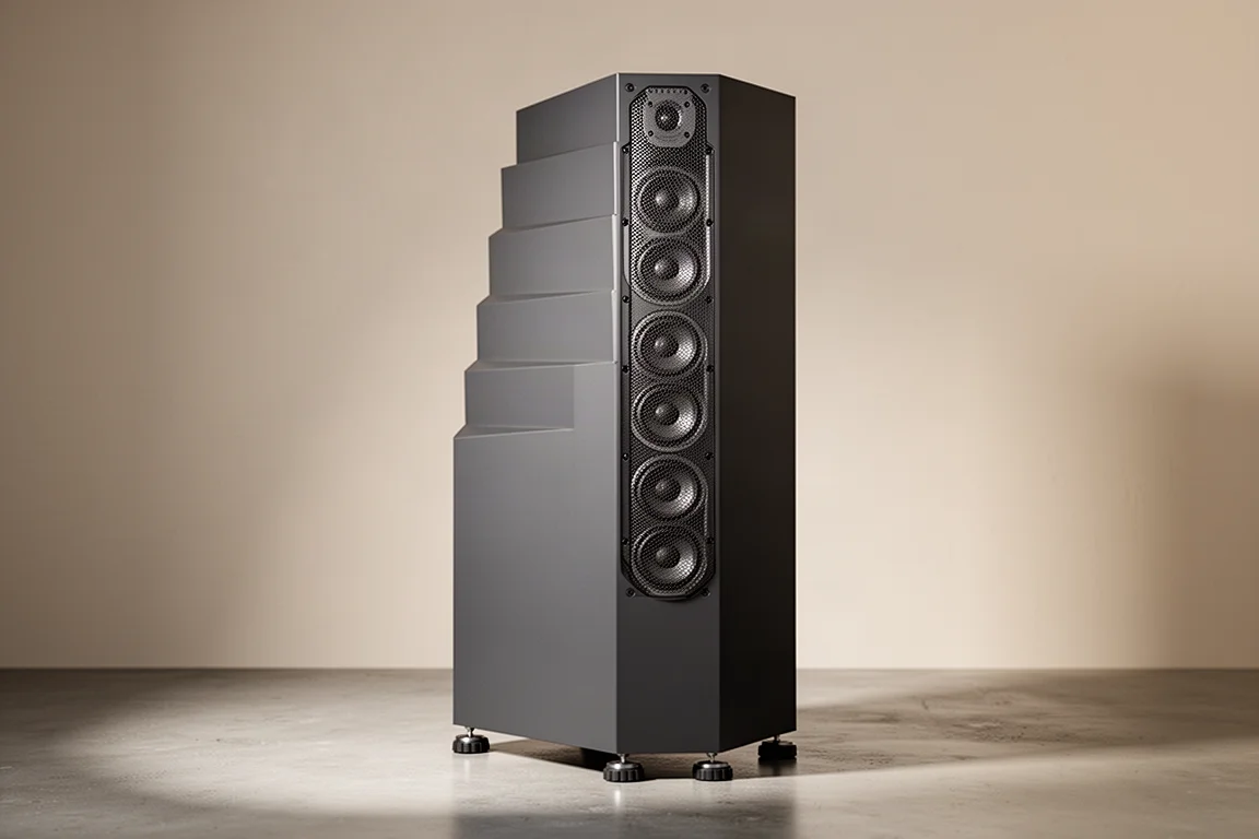 Tall matte grey floorstanding loudspeaker with a stepped front baffle on a concrete floor