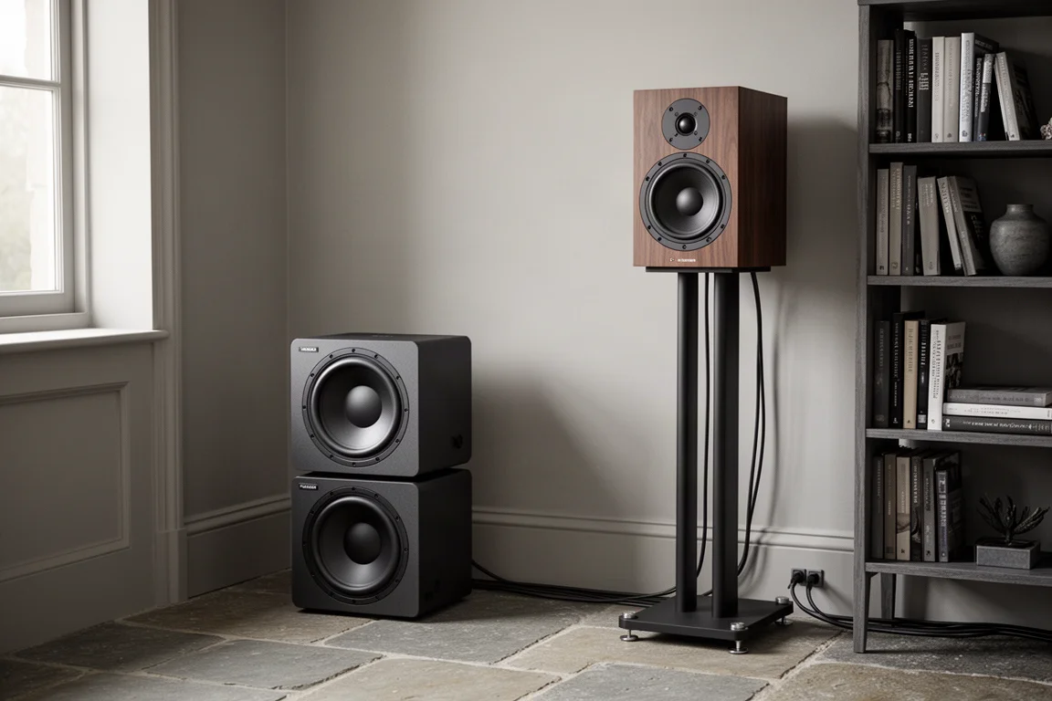 Två staplade slutna subwoofers bredvid en stativmonterad högtalare i ett vardagsrumshörn