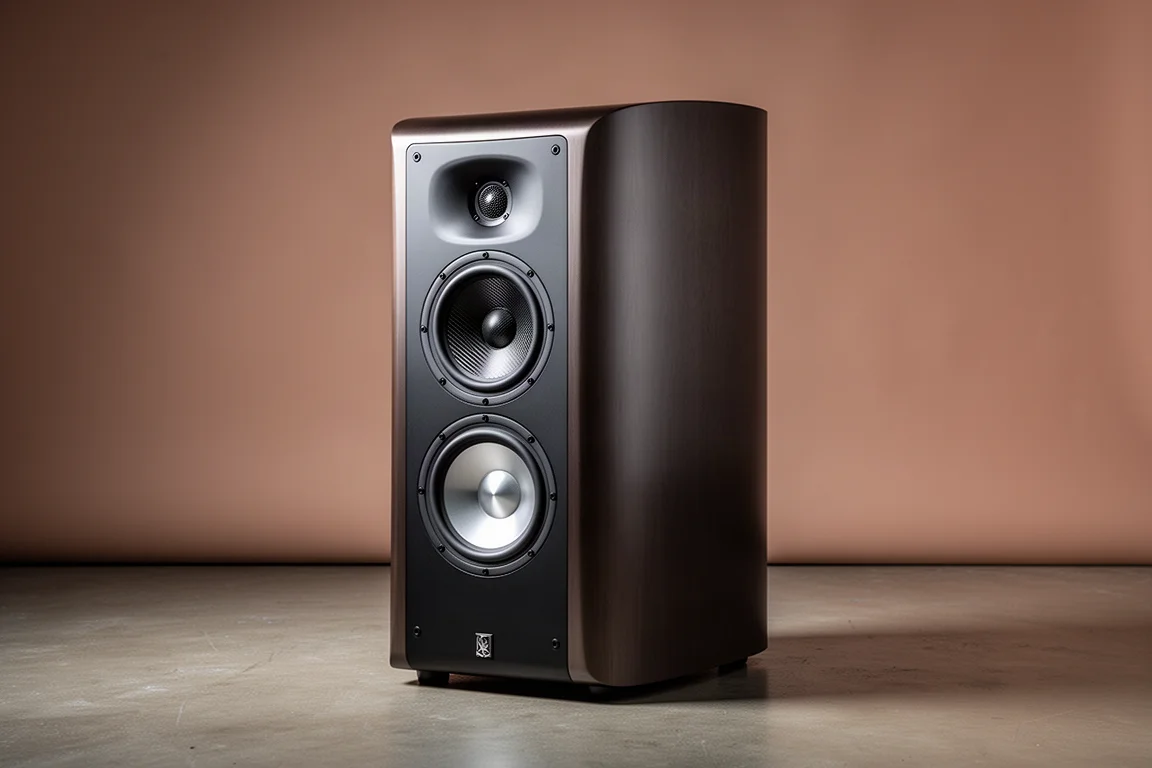 Large stand-mounted bookshelf loudspeaker with curved baffle on a matte concrete floor