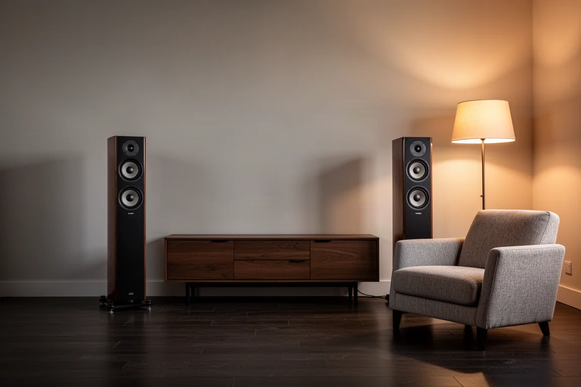 Configuración de escucha en salón con dos altavoces de torre altos separados de la pared