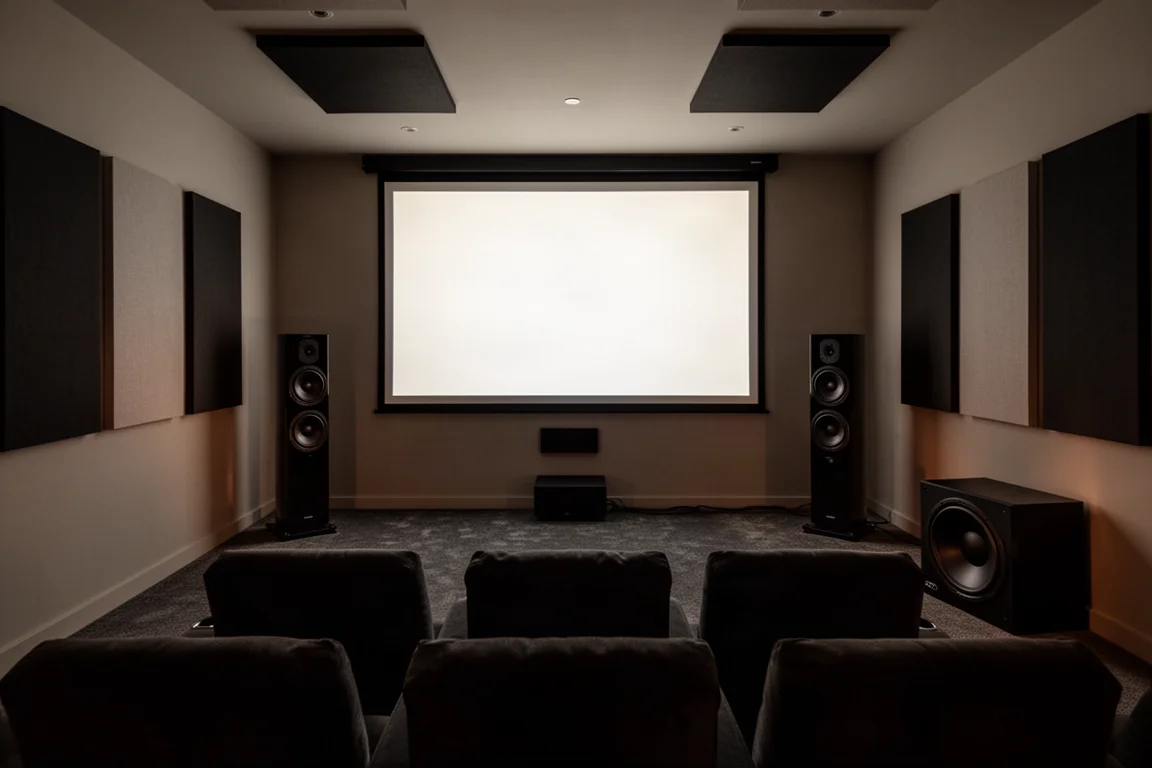 Sala de cine en casa con altavoces de torre flanqueando una pantalla y un subwoofer en la esquina