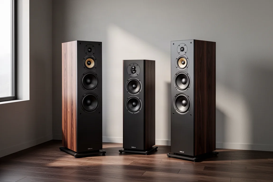 Three tall floorstanding tower speakers arranged in a softly lit listening room