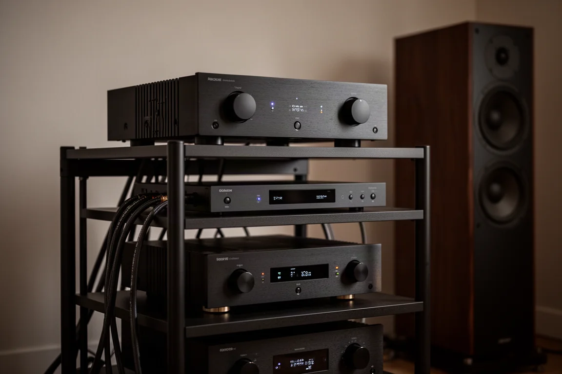Hi-Fi-Rack mit einem großen Leistungsverstärker und Standlautsprechern in einem schwach beleuchteten Hörraum