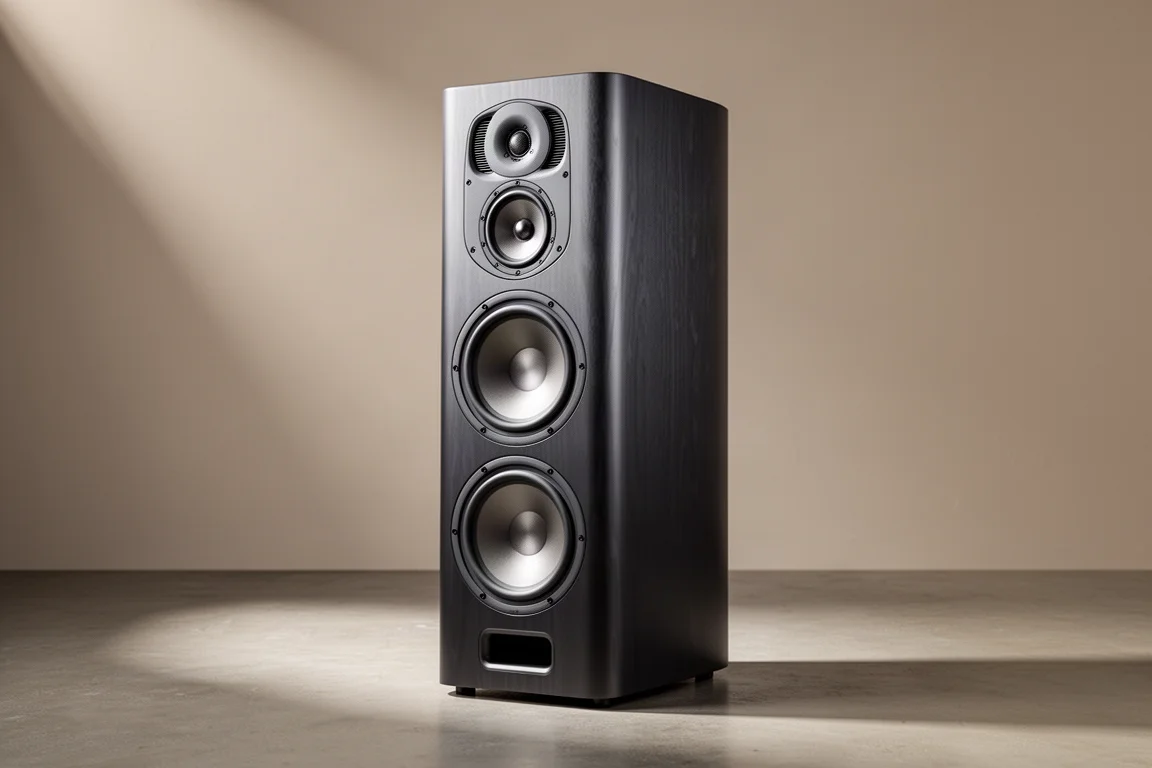 Tall dark floorstanding tower speaker with three large woofers on a concrete floor