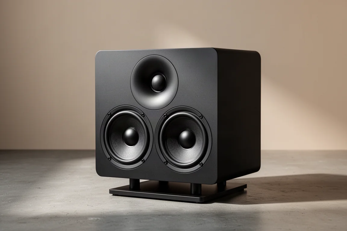 Compact matte black monitor speaker with two woofers and a waveguide tweeter on a stand