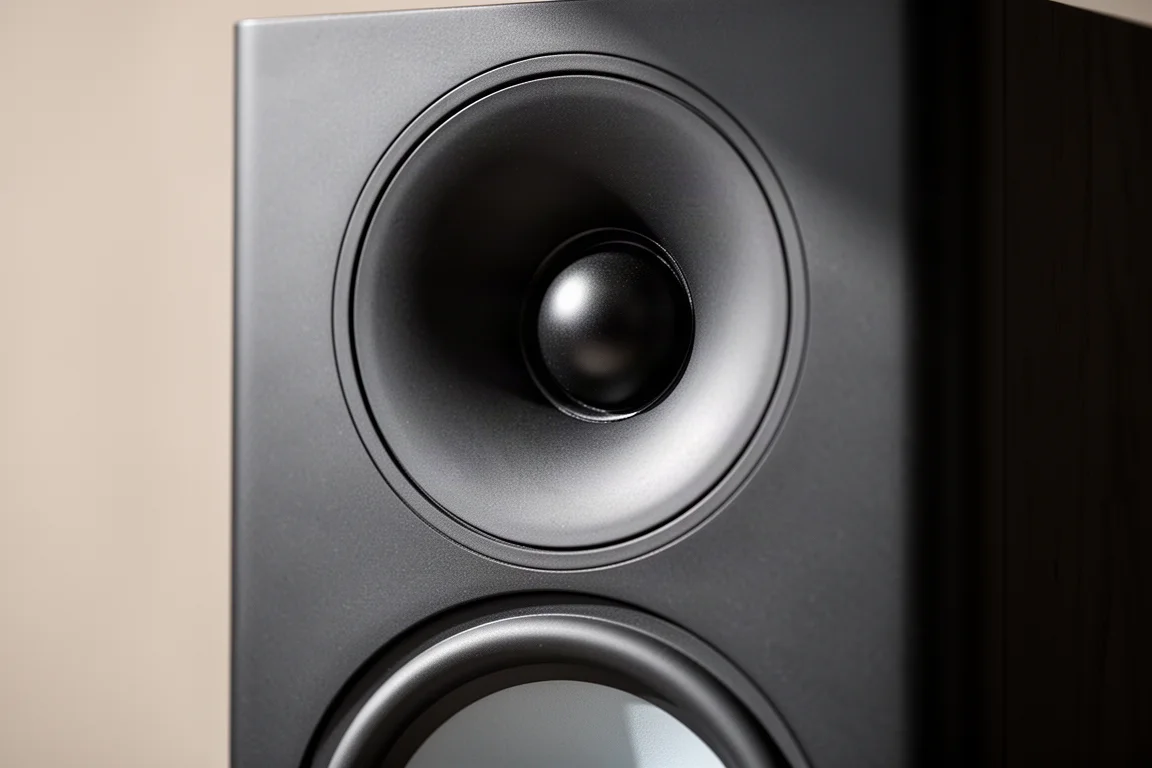 Détail en gros plan d'un guide d'ondes et du cône du médium-grave sur un baffle sombre