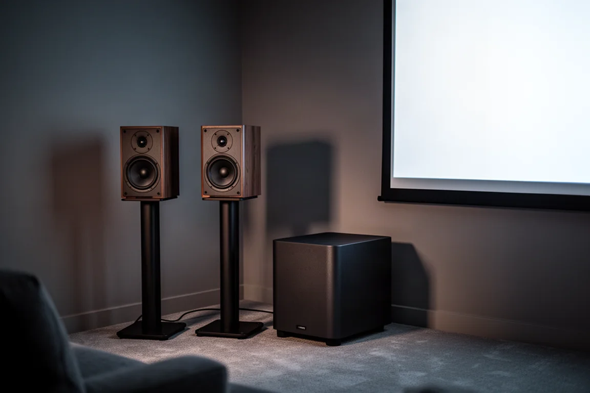 Coin home-cinéma avec enceintes, caisson de basses et écran en faible luminosité