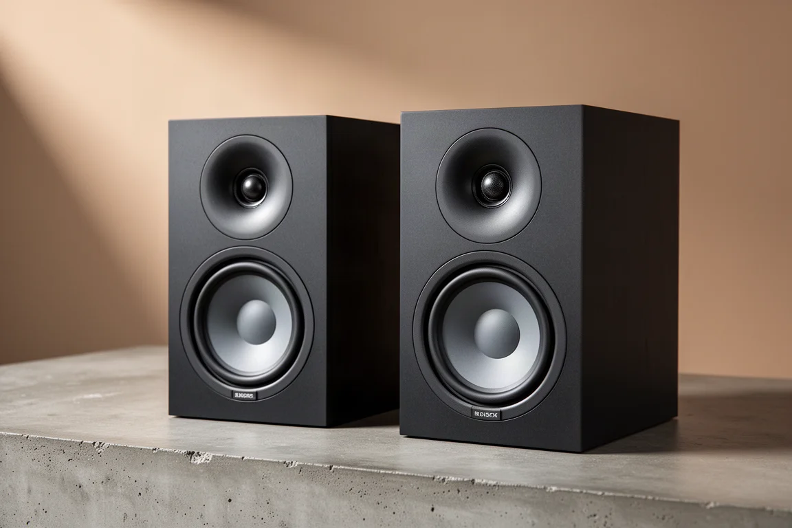 Pair of dark bookshelf speakers with large waveguides on a concrete surface